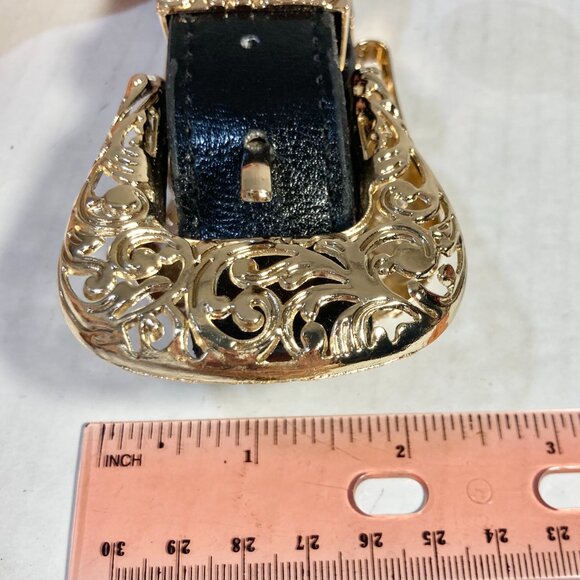Vtg Western Stretch Faux Black Leather Gold Tone Double Buckle Womens Belt XS S - Picture 14 of 15